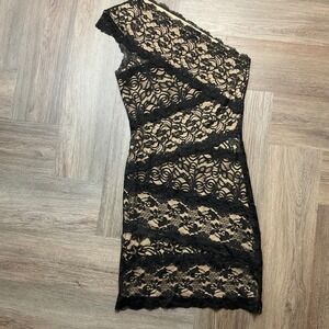 Bebe Lace One Shoulder Bodycon Dress Womens Small Black Nude Lined Party